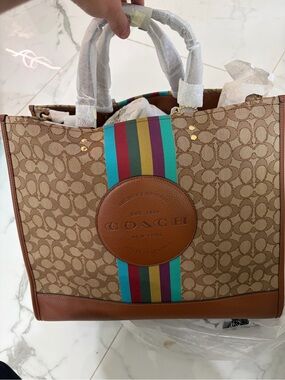 Coach Tan Signature Tote with Multicolor Stripe